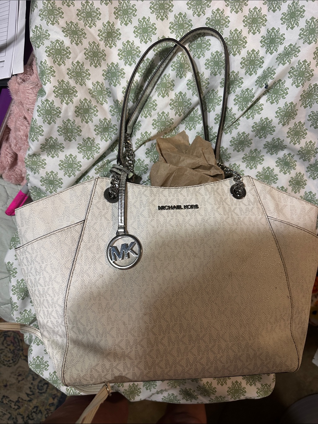 Michael Kors White With Sliver Handles Bag With Mk Charm